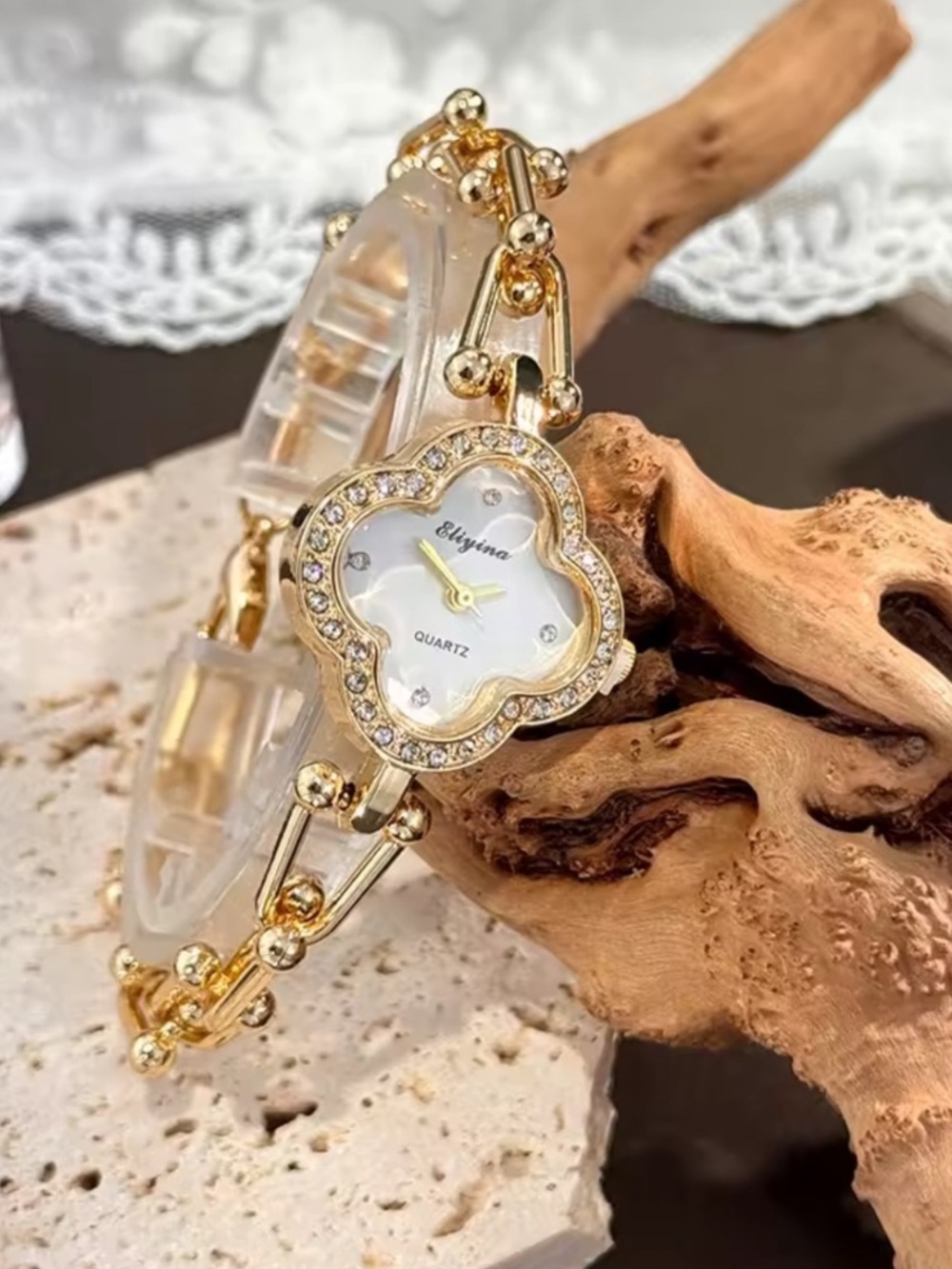 Golden Crystal-Accent Flower Bracelet Watch - Picture 3 of 4